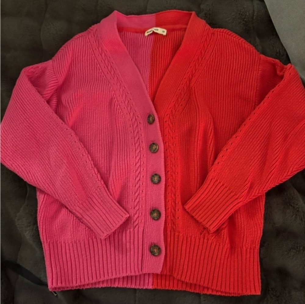 Marine Layer Wool Blend Colorblock Pink Red V-Neck Button Cozy Chic Cardigan New - Picture 3 of 8